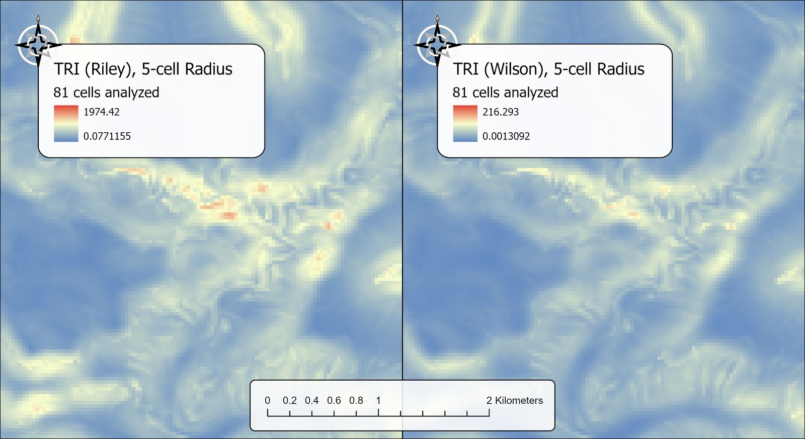 Two maps of the same area side by side at a 5-cell radius, 81 cells analyzed. Left, TRI (Riley), 0.08 to 1974.42. Right, TRI (Wilson), 0.001 to 216.293. The bands of the 1.5-cell maps have spread into broad soft-edged zones.