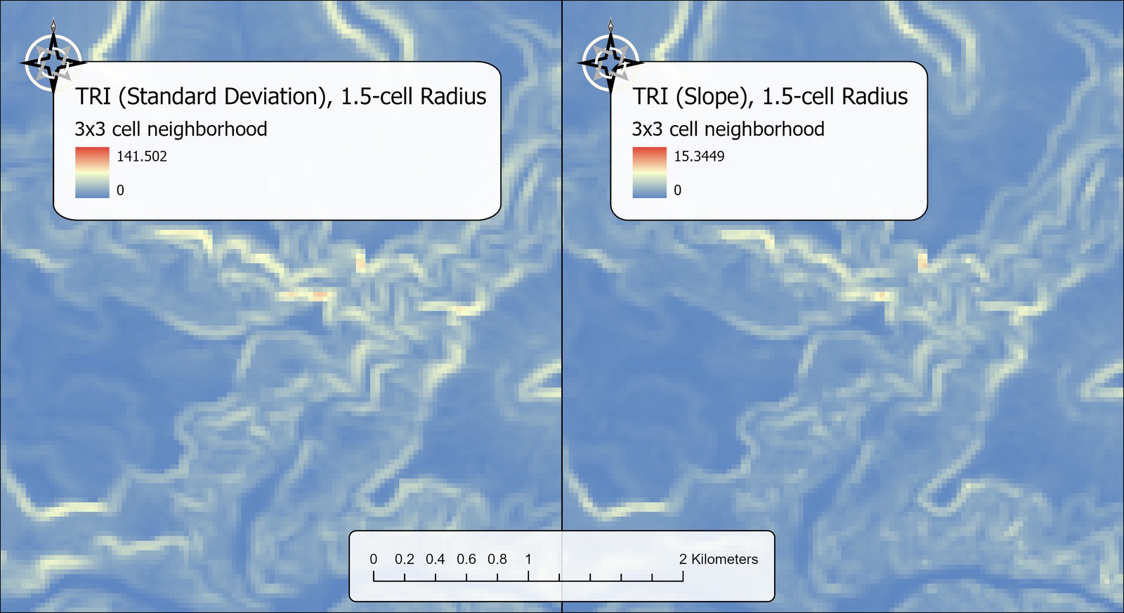 Two maps of the same area side by side at a 1.5-cell radius. Left, TRI (Standard Deviation), 0 to 141.502. Right, TRI (Slope), 0 to 15.3449. Both again show pale bands along the cliffs.