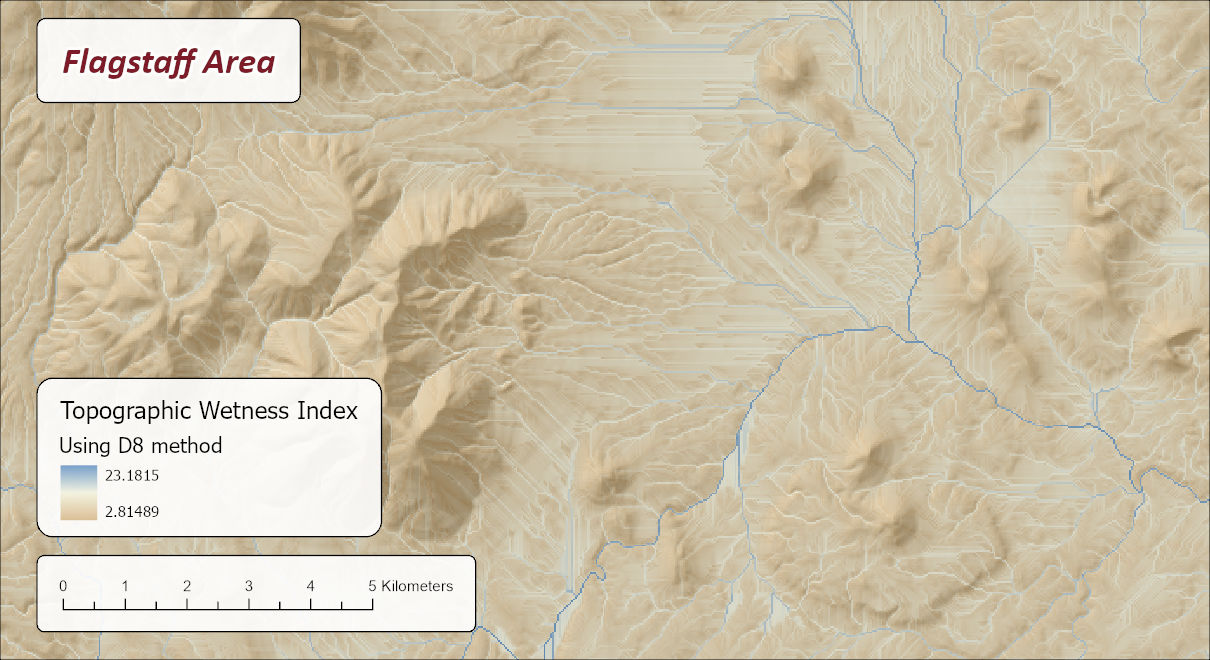 The Topographic Wetness Index using the D8 method over a hillshade of the Flagstaff area, 2.81 to 23.18: thin blue channel lines threading the hills, and closely spaced parallel streaks running across the gently sloping plain of Doney Park
