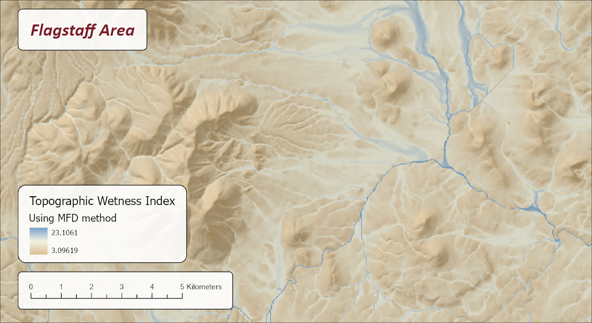 The Topographic Wetness Index using the MFD method over the same area, 3.10 to 23.11: the smoothest of the three, with the washes widening into broad blue fans and the gradation from hillside to channel softer still