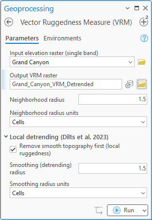 The VRM pane with output Grand_Canyon_VRM_Detrended, neighborhood radius 1.5 cells, and in the Local detrending group Remove smooth topography first checked, smoothing radius 1.5, smoothing radius units Cells