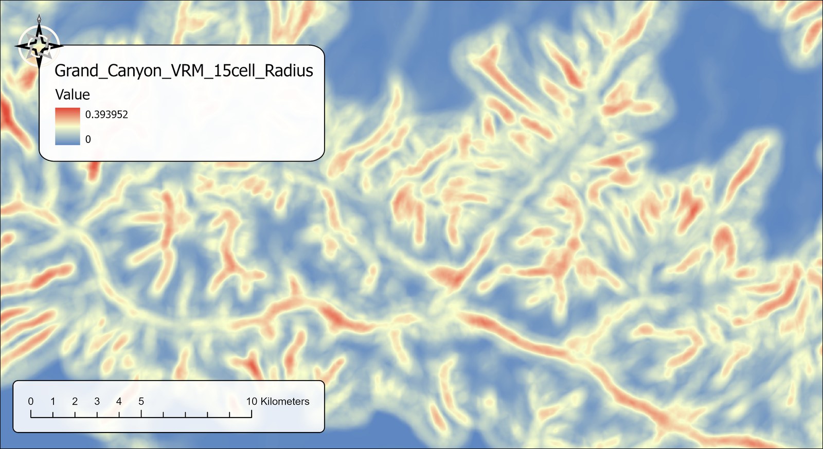 The Grand_Canyon_VRM_15cell_Radius raster: broad soft-edged red and yellow zones fill the inner canyon and the major side canyons, with the plateaus on both rims solid blue; legend from 0 to 0.393952