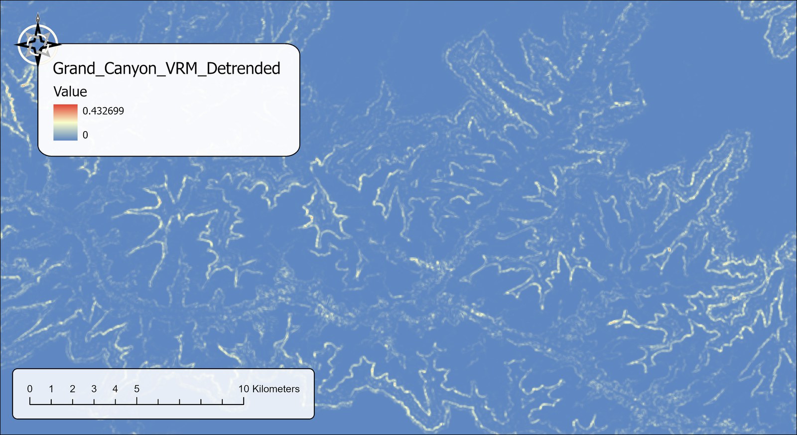 The Grand_Canyon_VRM_Detrended raster: the fine branching drainage network of the previous map is gone, replaced by brighter, more continuous lines following the cliff bands around each side canyon and along the rims; legend from 0 to 0.432699