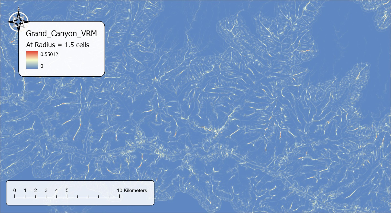 The Grand_Canyon_VRM raster at a radius of 1.5 cells: a blue map covered with a fine branching network of thin pale and red lines tracing drainage bottoms, ridge crests and cliff edges; legend from 0 to 0.55012