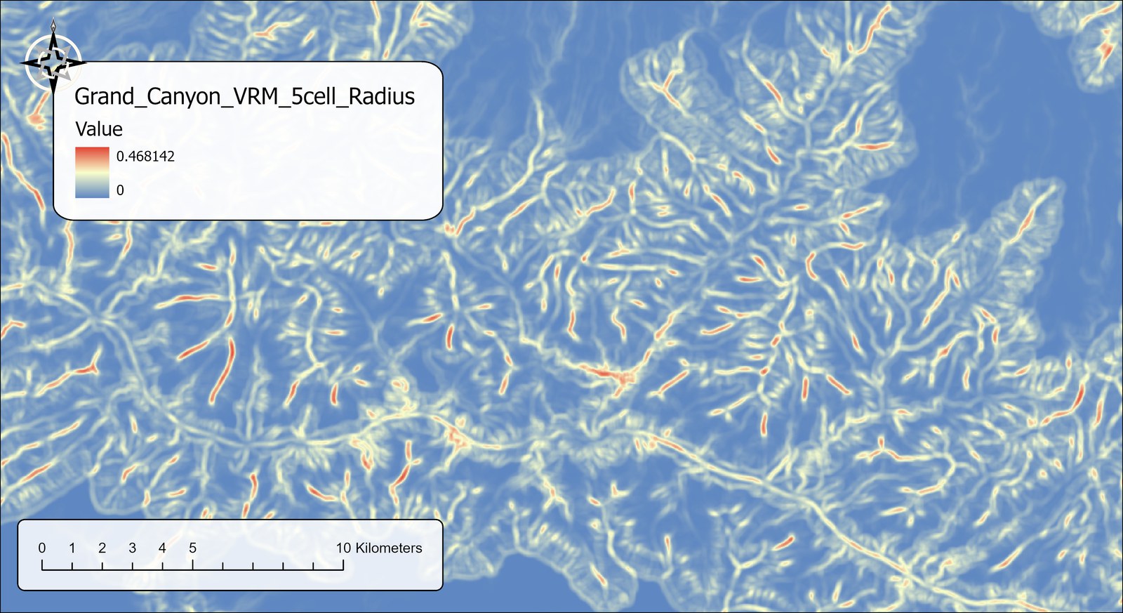 The Grand_Canyon_VRM_5cell_Radius raster: the thin lines of the 1.5-cell map have widened into pale bands with red cores along the ridges and drainages, and much more of the canyon interior is pale rather than blue; legend from 0 to 0.468142