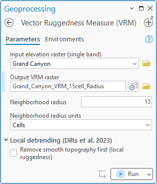 The VRM pane with output Grand_Canyon_VRM_15cell_Radius and neighborhood radius 15 cells, detrending unchecked