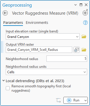 The VRM pane with output Grand_Canyon_VRM_5cell_Radius and neighborhood radius 5 cells, detrending unchecked