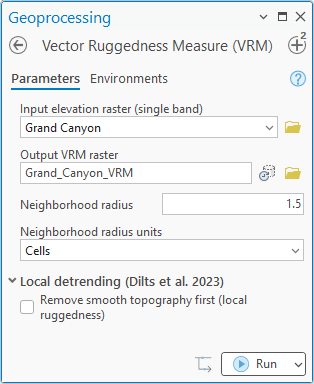 The Vector Ruggedness Measure (VRM) geoprocessing pane: input Grand Canyon, output Grand_Canyon_VRM, neighborhood radius 1.5, neighborhood radius units Cells, and the Local detrending group open with Remove smooth topography first unchecked